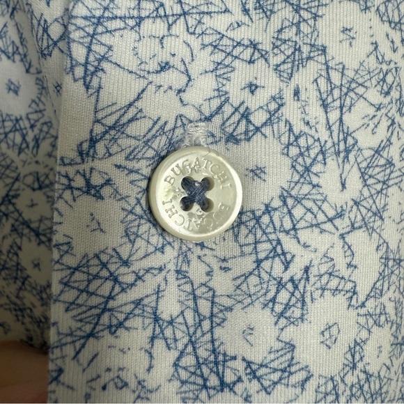 BUGATCHI Men's L Blue Stretch Floral Short Sleeve Button-Up Shirt Casual Cotton - Picture 5 of 9